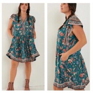 Anthropologie Zenia Mini Dress Women’s XS Green Floral V Neck Pockets Boho